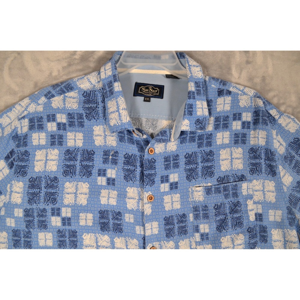 Nat Nast Shirt Short Sleeve Men's XXL Silk Blend Button Up Blue Geometric